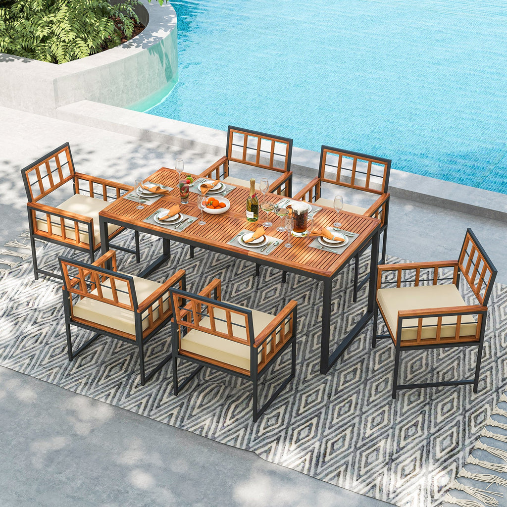 7-Piece Acacia Wood Patio Dining Set with Cushions and Umbrella Hole