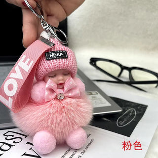 New Style Real Fox Fur Ball Pendant with Cute Sleeping Doll and Bowtie - Anara Lifestyle