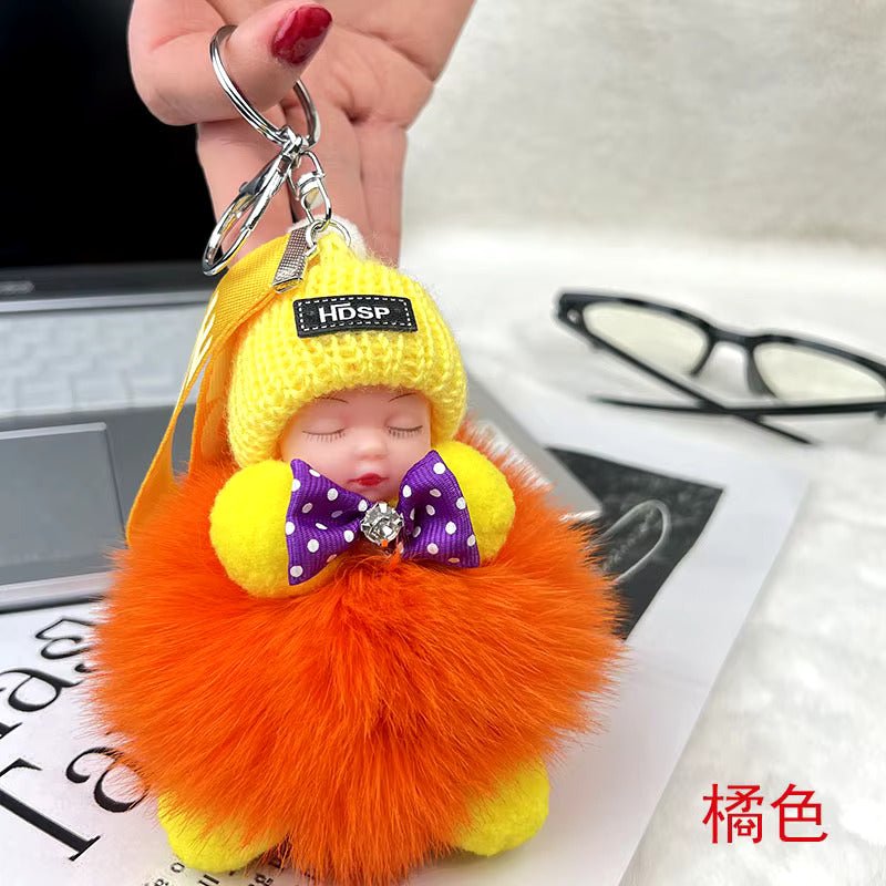 New Style Real Fox Fur Ball Pendant with Cute Sleeping Doll and Bowtie - Anara Lifestyle