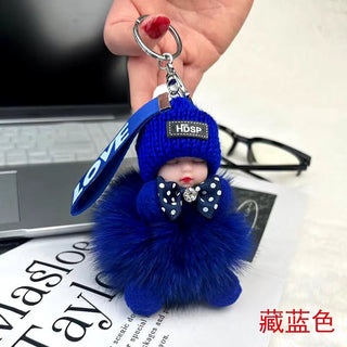 New Style Real Fox Fur Ball Pendant with Cute Sleeping Doll and Bowtie - Anara Lifestyle
