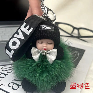 New Style Real Fox Fur Ball Pendant with Cute Sleeping Doll and Bowtie - Anara Lifestyle