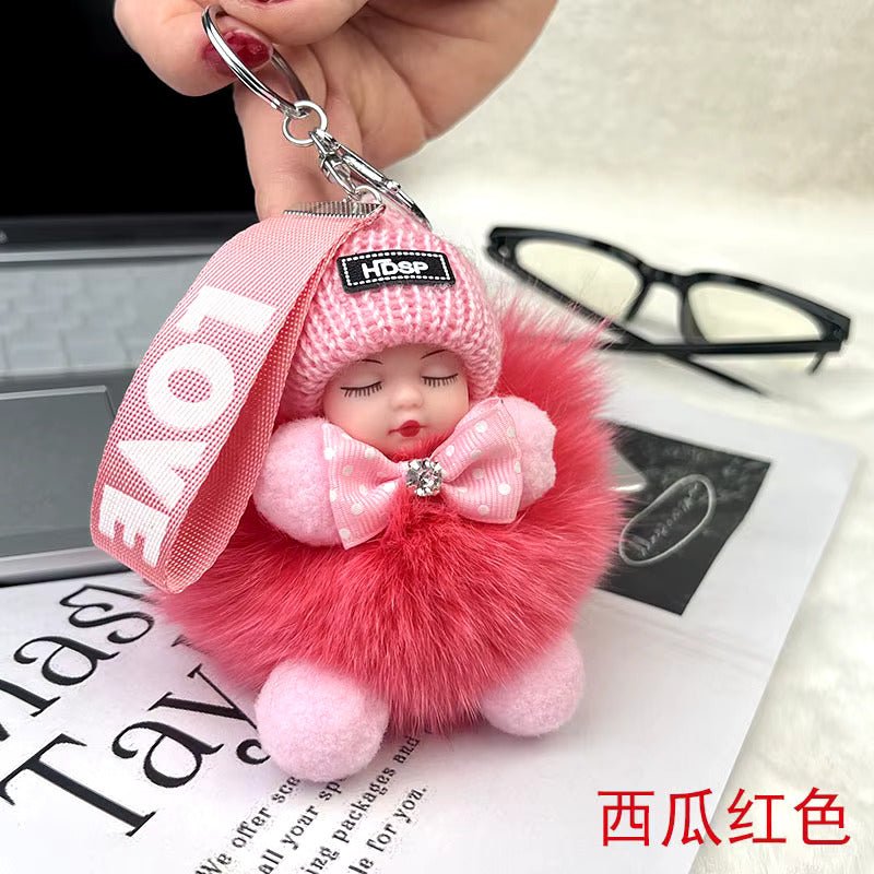 New Style Real Fox Fur Ball Pendant with Cute Sleeping Doll and Bowtie - Anara Lifestyle