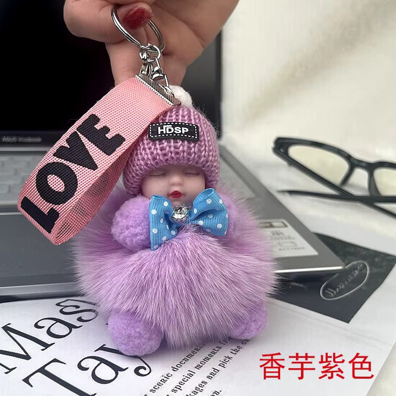 New Style Real Fox Fur Ball Pendant with Cute Sleeping Doll and Bowtie - Anara Lifestyle
