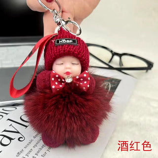 New Style Real Fox Fur Ball Pendant with Cute Sleeping Doll and Bowtie - Anara Lifestyle