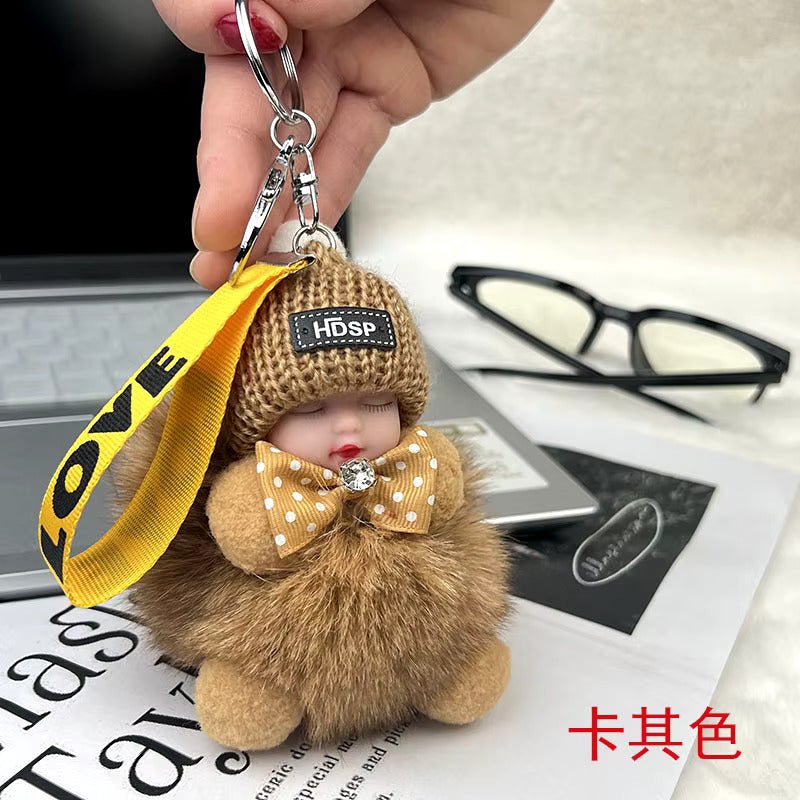 New Style Real Fox Fur Ball Pendant with Cute Sleeping Doll and Bowtie - Anara Lifestyle