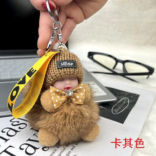 New Style Real Fox Fur Ball Pendant with Cute Sleeping Doll and Bowtie - Anara Lifestyle