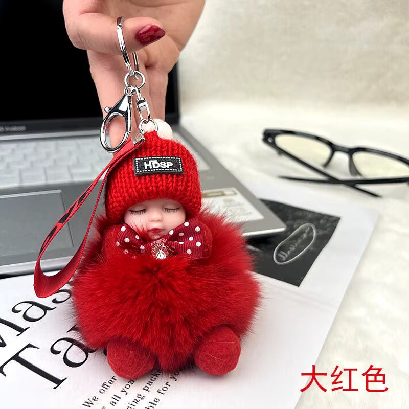 New Style Real Fox Fur Ball Pendant with Cute Sleeping Doll and Bowtie - Anara Lifestyle