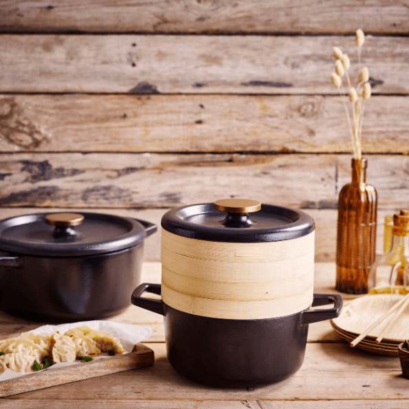 Nori Cast Iron Cocotte with Steamer Inserts – Multi-Purpose Dutch Oven with Steamer