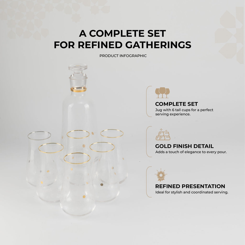 Nourhan - Jug with 6 Tall glass cups - Gold