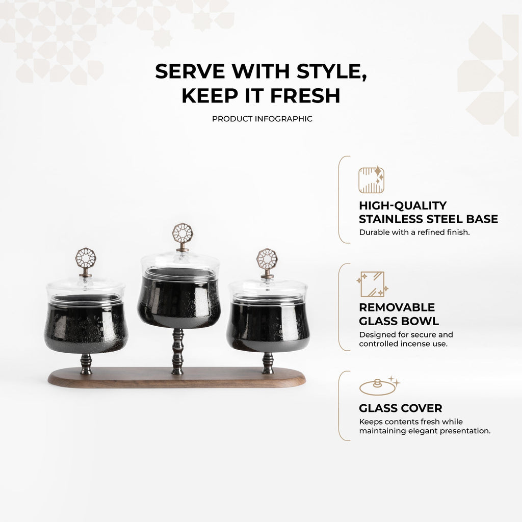 Nourhan - Triple Bowl Serving Set - Black Walnut