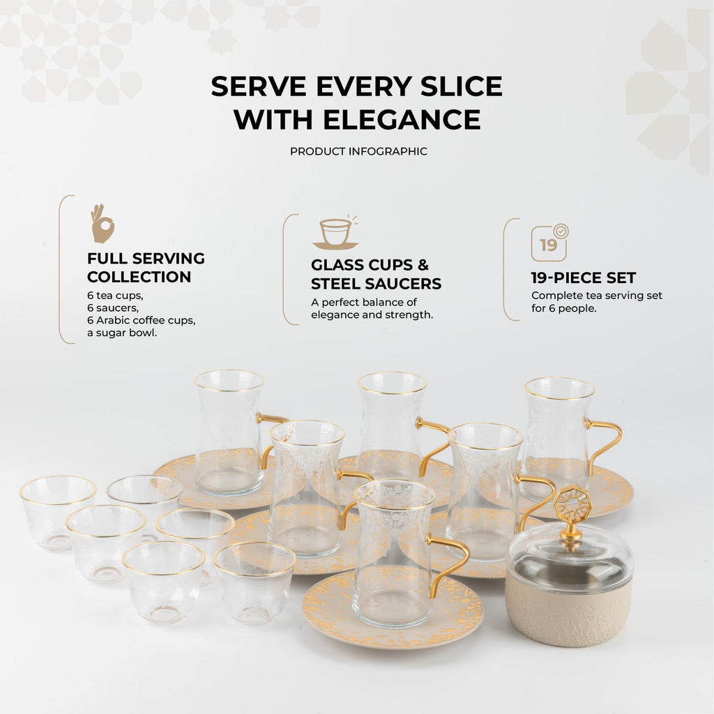 Nourhan - Tea Set (19-Pc) - Beige & Gold