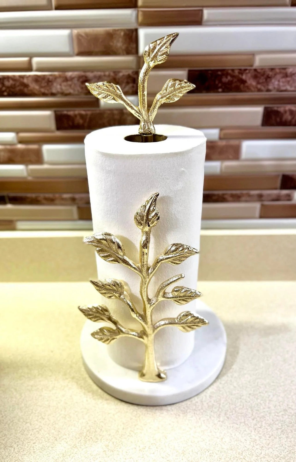 Paper Towel Holder Gold Tree Design with Marble Base - Anara Lifestyle