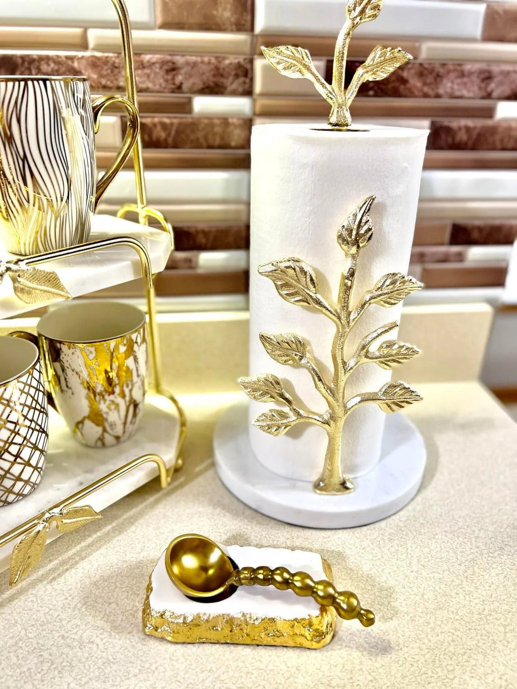 Paper Towel Holder Gold Tree Design with Marble Base - Anara Lifestyle