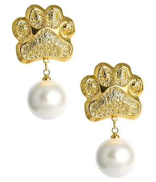 Gold Paw Print Pearl Drop Earrings