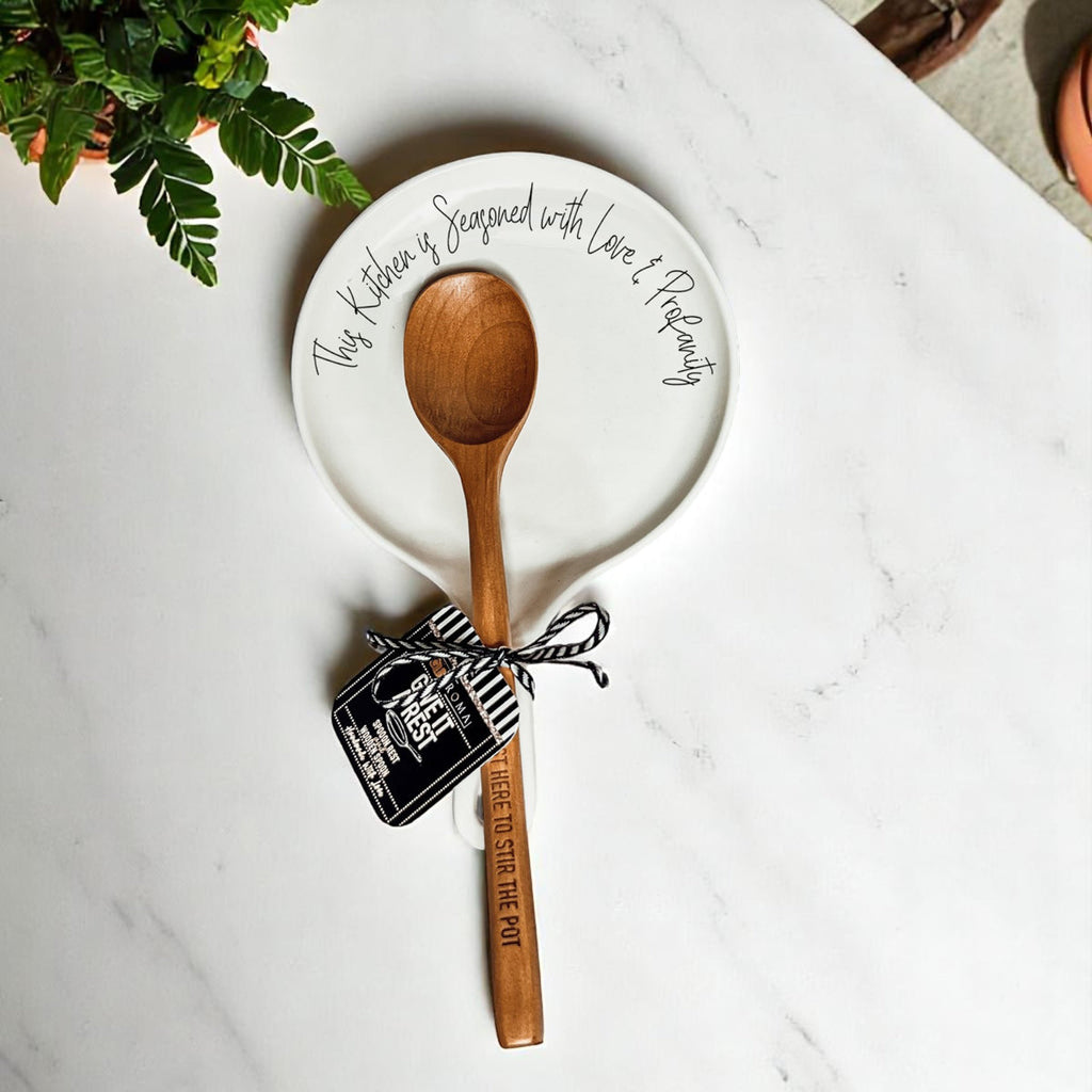 Funny Chef Spoon Rest with Wooden Spoon – Porcelain Kitchen Spoon Holder Gift