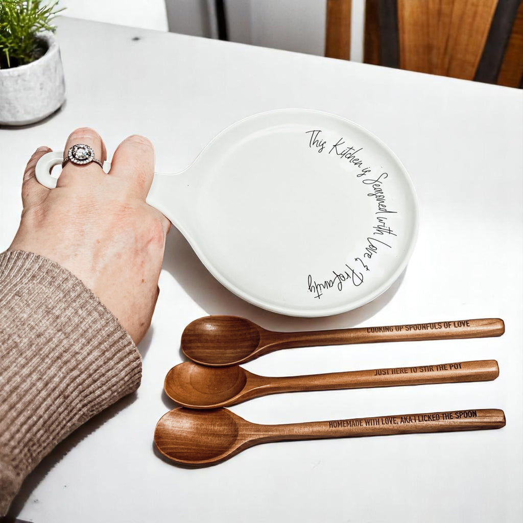 Funny Chef Spoon Rest with Wooden Spoon – Porcelain Kitchen Spoon Holder Gift
