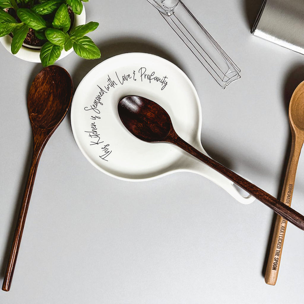 Funny Chef Spoon Rest with Wooden Spoon – Porcelain Kitchen Spoon Holder Gift