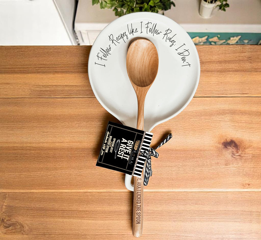 Recipes & Rules Spoon Rest with Wooden Spoon – Funny Porcelain Kitchen Gift