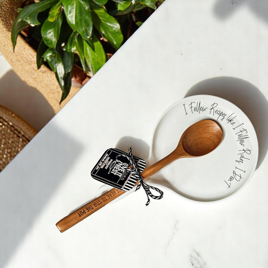 Recipes & Rules Spoon Rest with Wooden Spoon – Funny Porcelain Kitchen Gift
