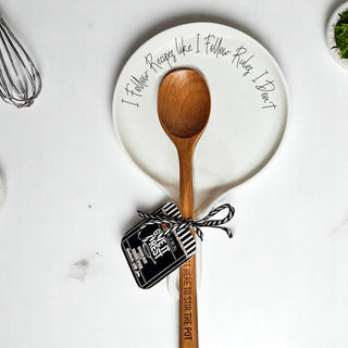 Recipes & Rules Spoon Rest with Wooden Spoon – Funny Porcelain Kitchen Gift