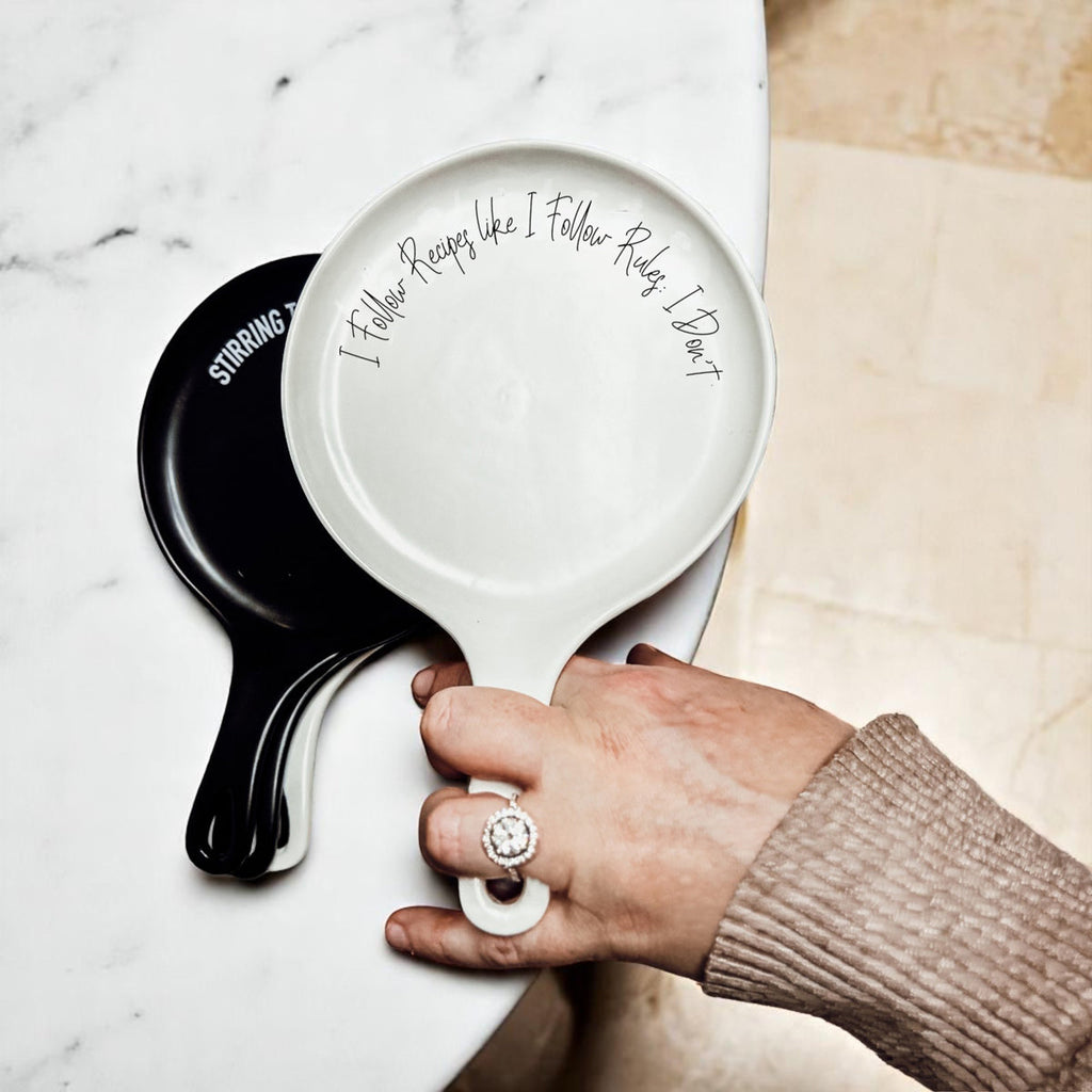 Recipes & Rules Spoon Rest with Wooden Spoon – Funny Porcelain Kitchen Gift