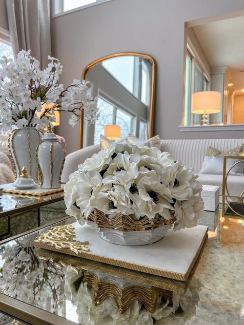 Rectangular Marble Tray with Metal Gold Branch Details - Anara Lifestyle