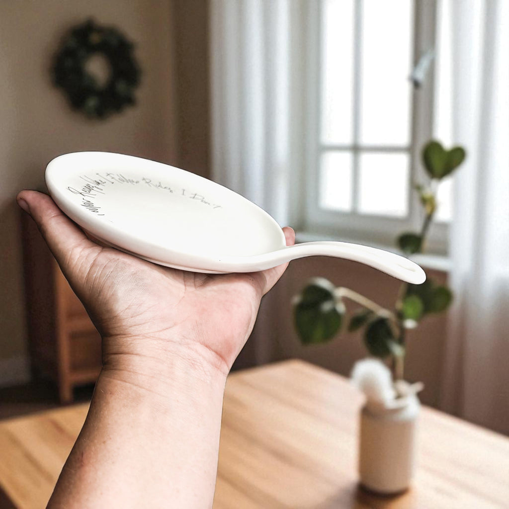 Recipes & Rules Spoon Rest with Wooden Spoon – Funny Porcelain Kitchen Gift