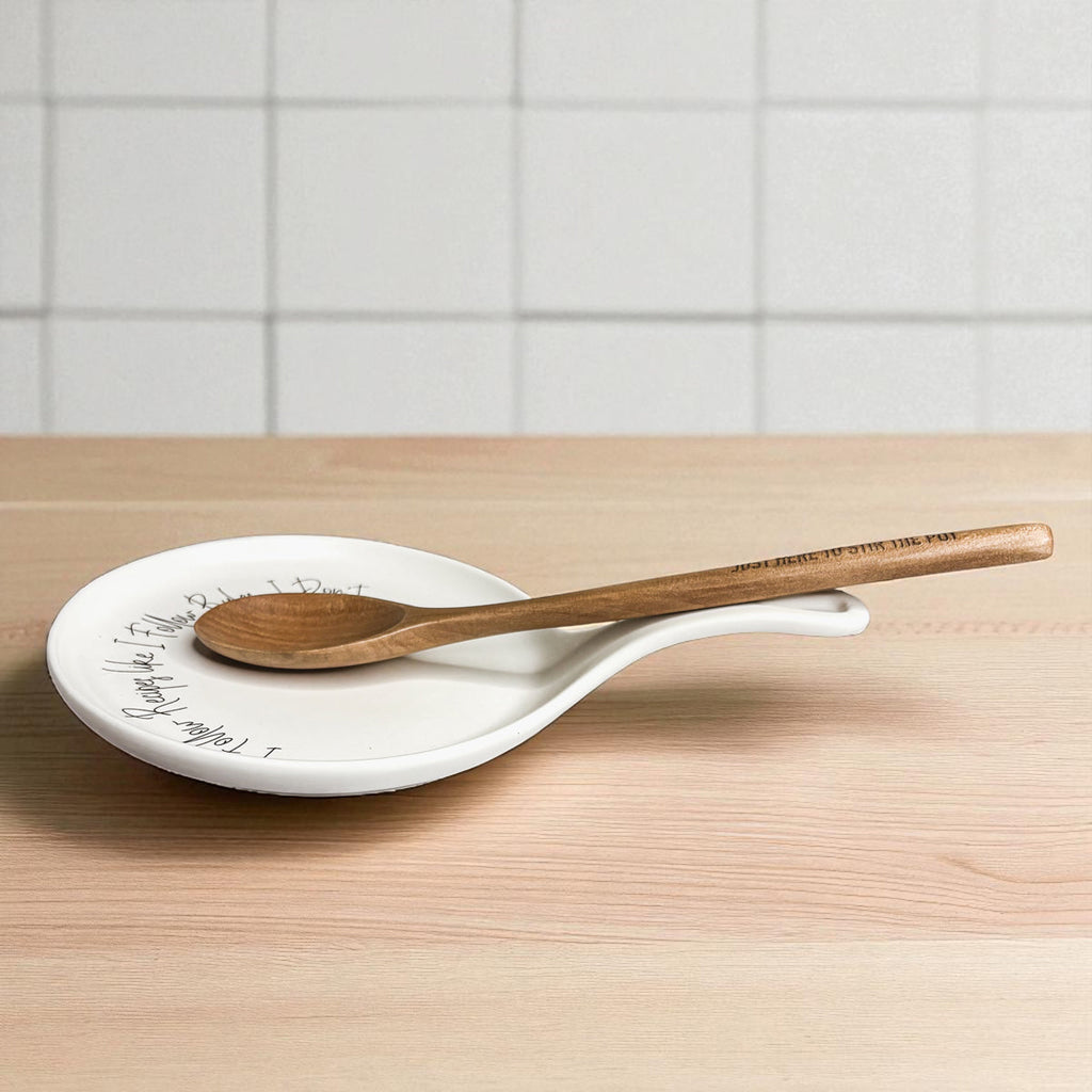Recipes & Rules Spoon Rest with Wooden Spoon – Funny Porcelain Kitchen Gift