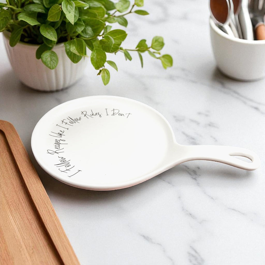 Recipes & Rules Spoon Rest with Wooden Spoon – Funny Porcelain Kitchen Gift