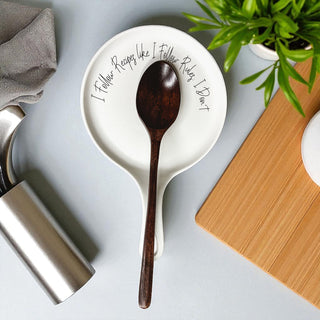 Recipes & Rules Spoon Rest with Wooden Spoon – Funny Porcelain Kitchen Gift