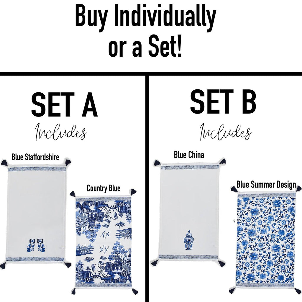 Chinoiserie Embroidered Dish Towels with Tassels – Blue & White Cotton Kitchen Towels