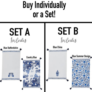 Chinoiserie Embroidered Dish Towels with Tassels – Blue & White Cotton Kitchen Towels