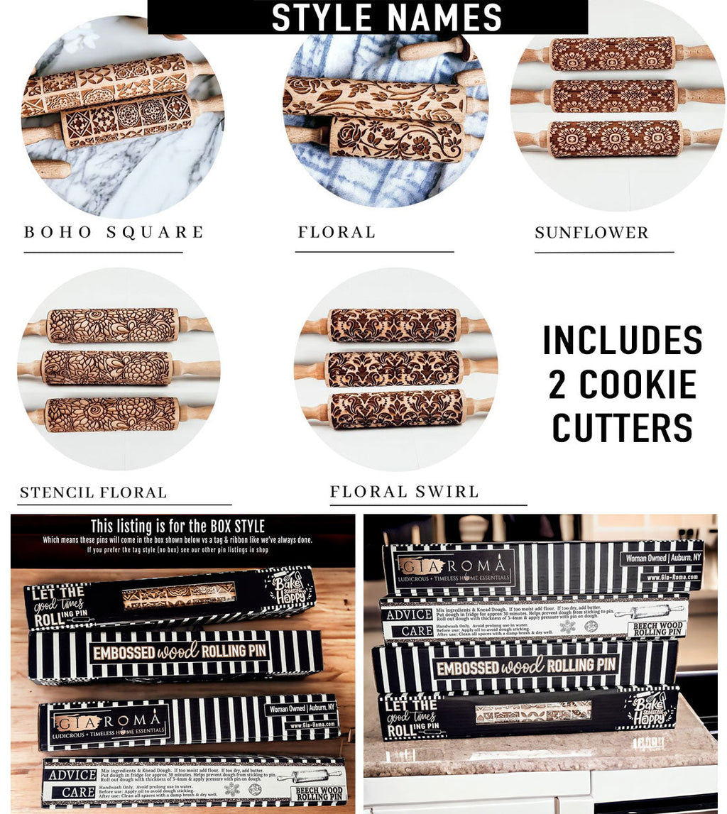 Embossed Rolling Pin Gift Set – Patterned Rolling Pin with Cookie Cutters (Box Style)