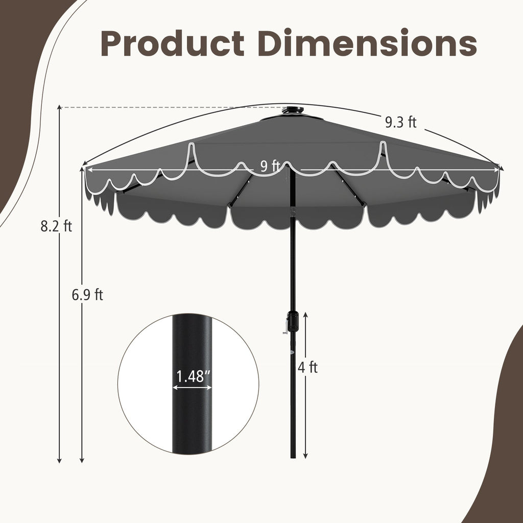 9.3-Foot Solar Patio Umbrella with 24 LED Lights and Ruffled Canopy – Beige