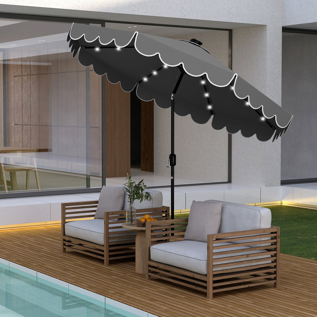9.3-Foot Solar Patio Umbrella with 24 LED Lights and Ruffled Canopy – Beige