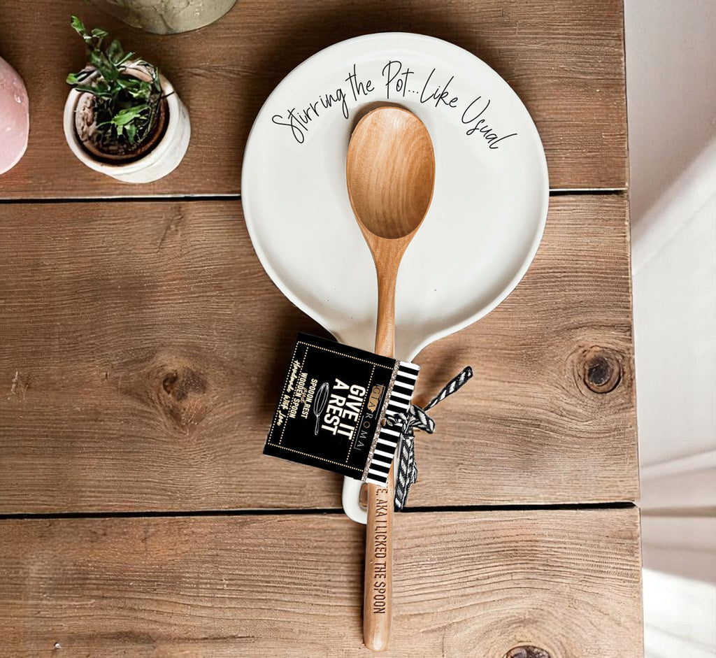 Funny “Stir the Pot” Spoon Rest with Wooden Spoon – Porcelain Kitchen Spoon Holder