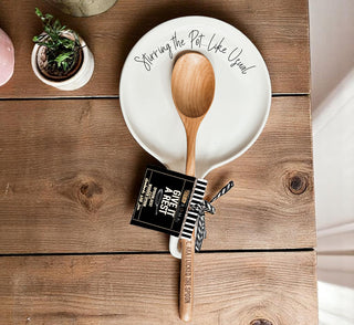 Funny “Stir the Pot” Spoon Rest with Wooden Spoon – Porcelain Kitchen Spoon Holder