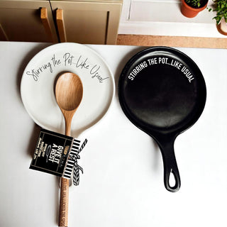 Funny “Stir the Pot” Spoon Rest with Wooden Spoon – Porcelain Kitchen Spoon Holder