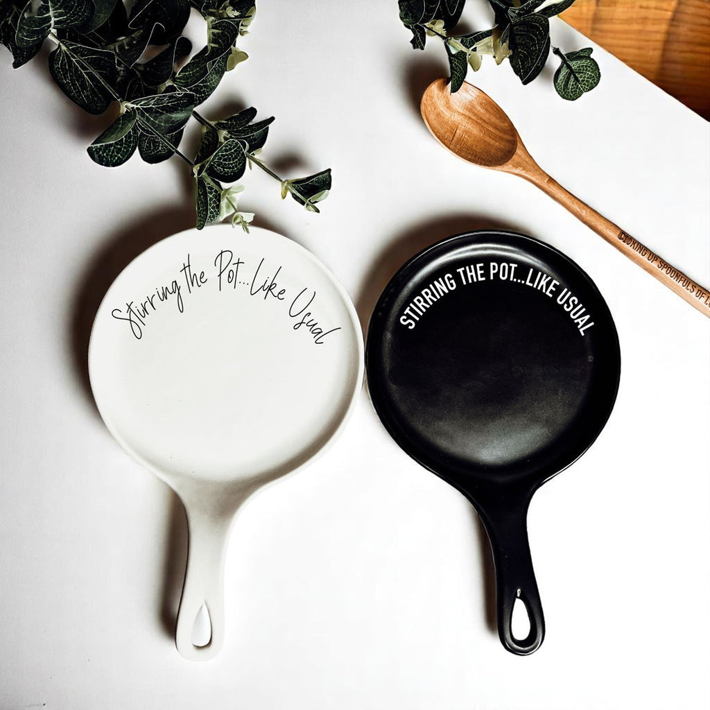 Funny “Stir the Pot” Spoon Rest with Wooden Spoon – Porcelain Kitchen Spoon Holder