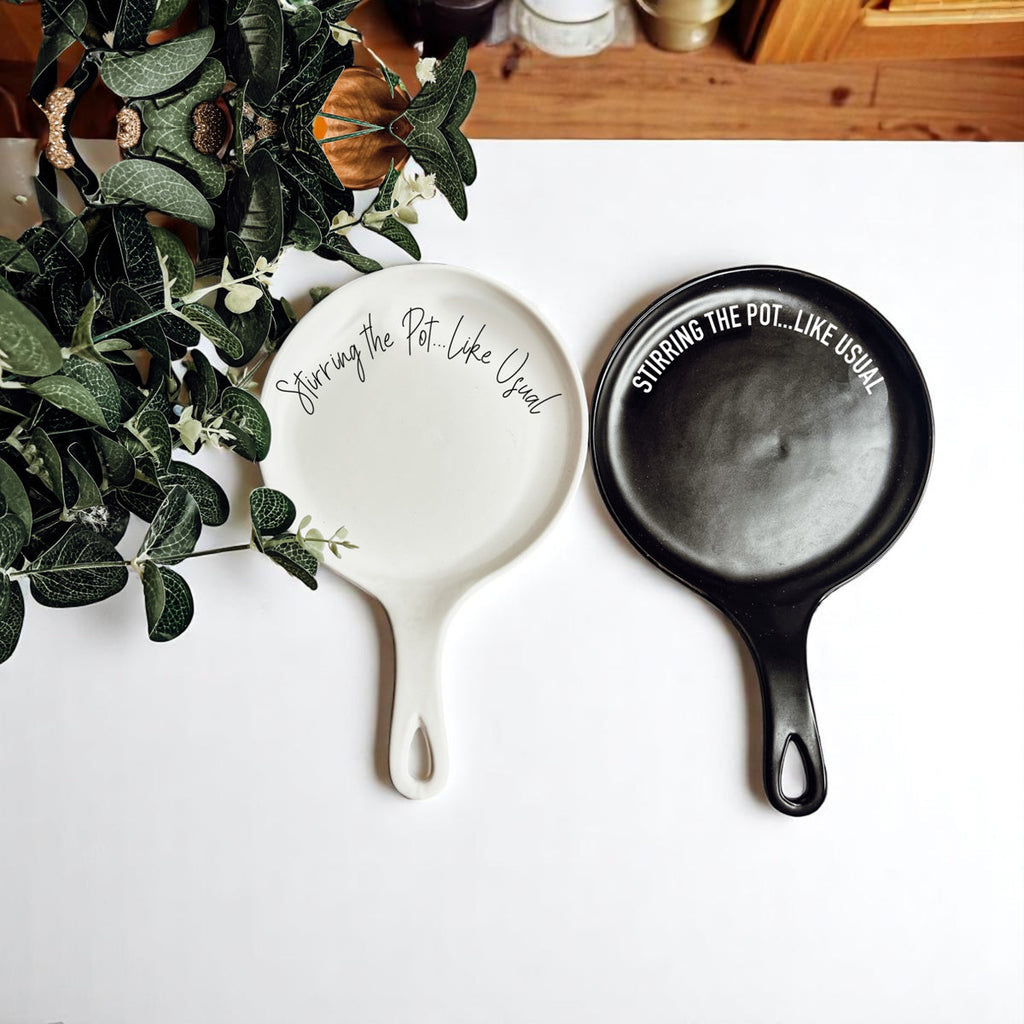 Funny “Stir the Pot” Spoon Rest with Wooden Spoon – Porcelain Kitchen Spoon Holder