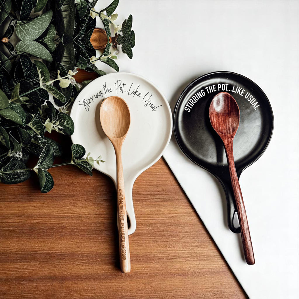 Funny “Stir the Pot” Spoon Rest with Wooden Spoon – Porcelain Kitchen Spoon Holder