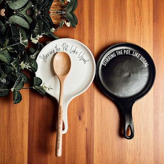 Funny “Stir the Pot” Spoon Rest with Wooden Spoon – Porcelain Kitchen Spoon Holder