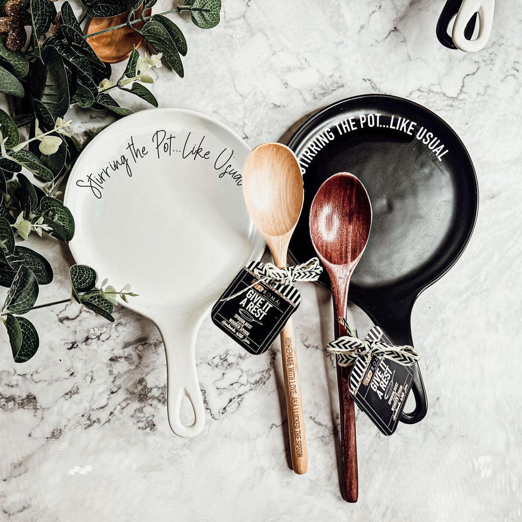 Give it a Rest Funny Spoon Rest & Wooden Spoon Set – Porcelain Kitchen Spoon Holder Gift
