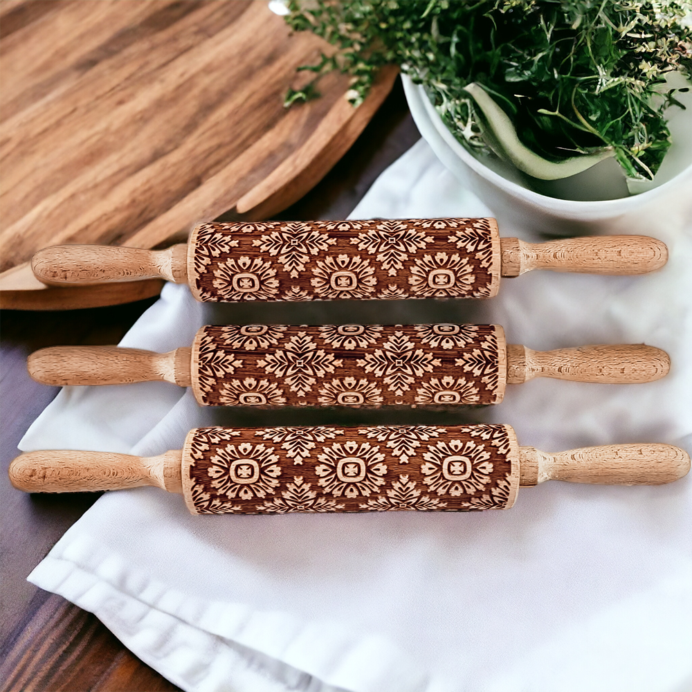 Embossed Rolling Pin Gift Set – Patterned Rolling Pin with Cookie Cutters (Box Style)
