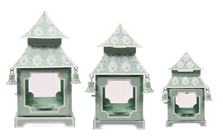Sage Green & White Tulip Pagoda Lantern (3 Sizes) | Floral Chinoiserie Accent Meta Description: