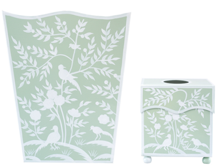 Green Bird & Vine Wastepaper Basket & Tissue | Botanical Bath Décor
