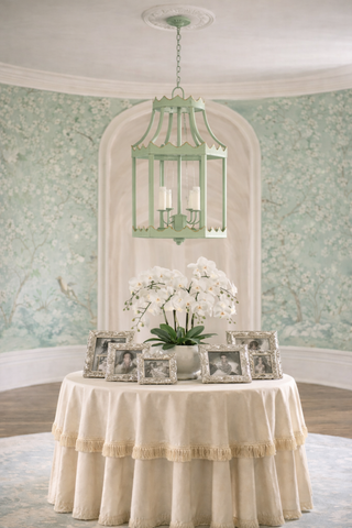 Elegant Green Scalloped Lantern Chandelier with Gold Trim