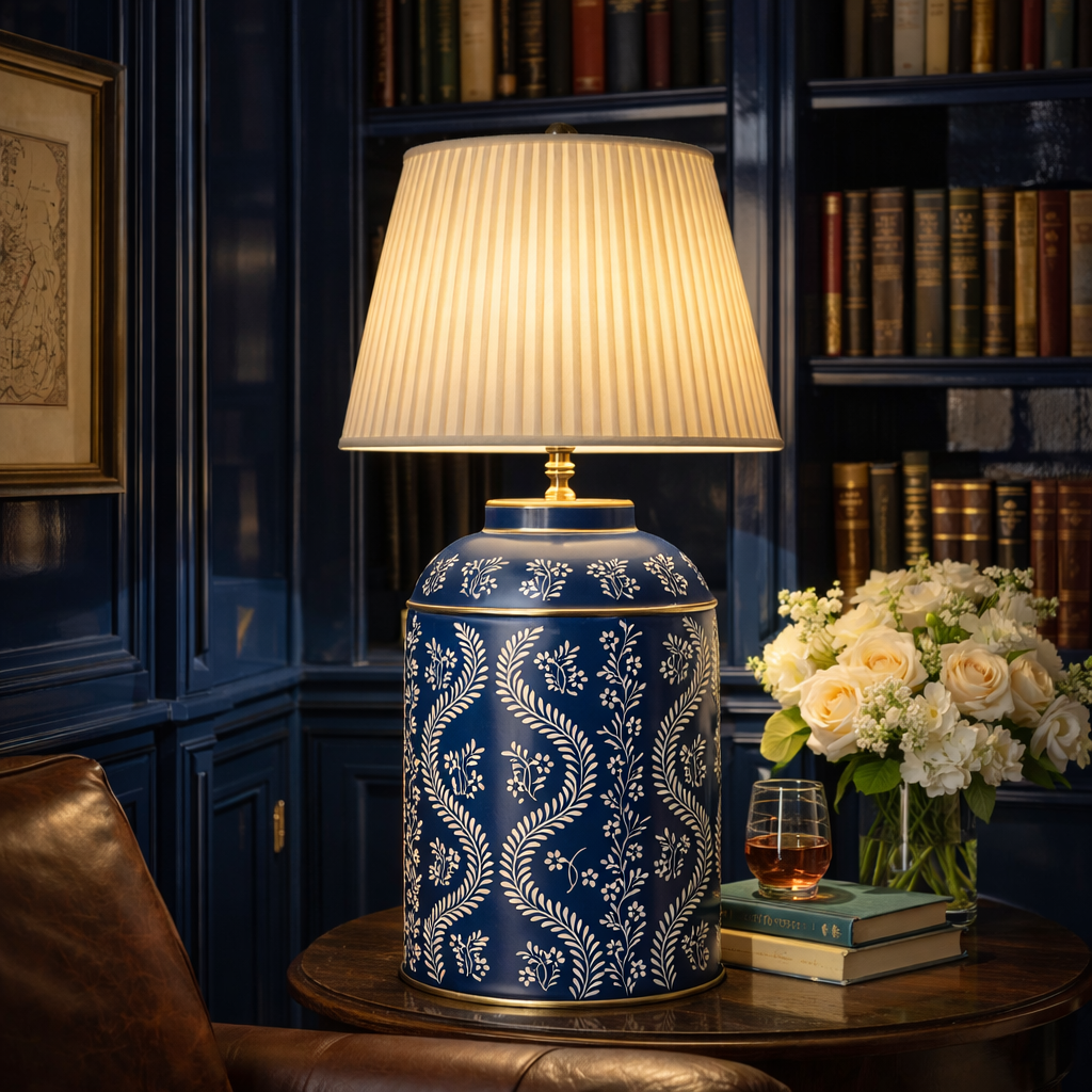 Navy Ikat Trellis Tea Caddy Table Lamp – Hand-Painted Chinoiserie Metal Lamp
