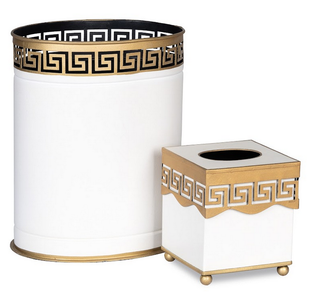 Ivory Greek Key Wastepaper Basket & Tissue Holder | Elegant Bathroom Décor
