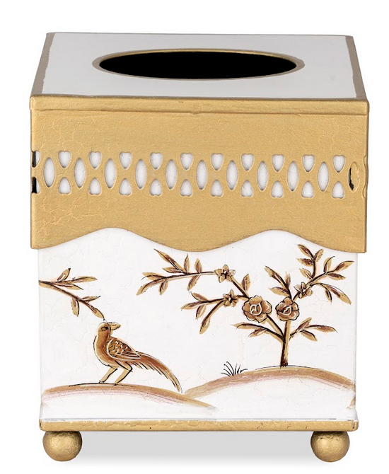Ivory & Gold Oval Pierced Wastepaper Basket & Tissue | Elegant Bath Décor